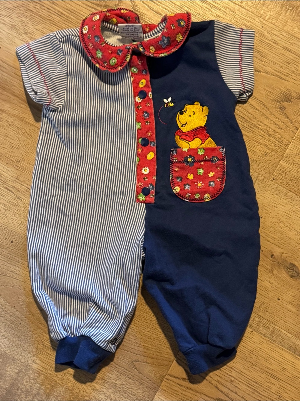 Vintage Disney Winnie the Pooh Baby Romper 3/6M Floral Striped One Piece Rare